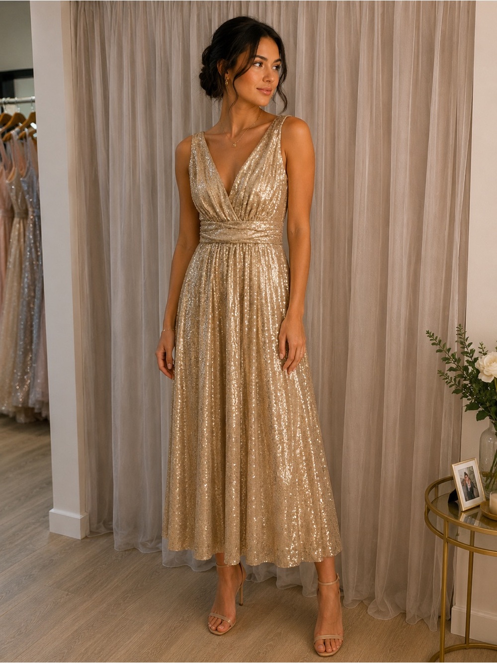 Gold Sequin V-Neck Midi Dress